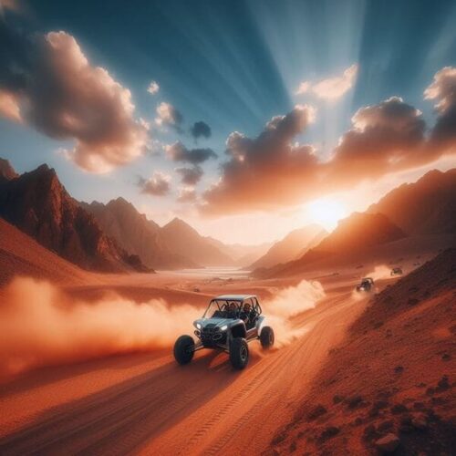 сгенерируй изображение Сафари на Багги Шарм-Эль-Шейх парень с девушкой едут по пустыне экскурсия